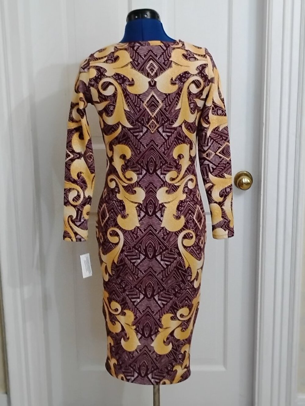 NWT LuLaRoe Debbie Burgundy Metallic Gold Swirl Pencil Dress - Picture 2 of 6